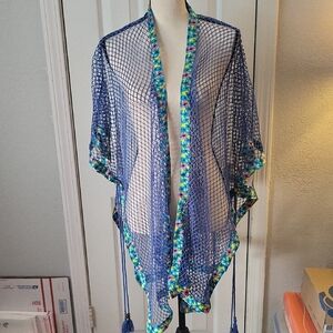 Steve Madden Blue Crochet Kimono with Multicolor Trim.